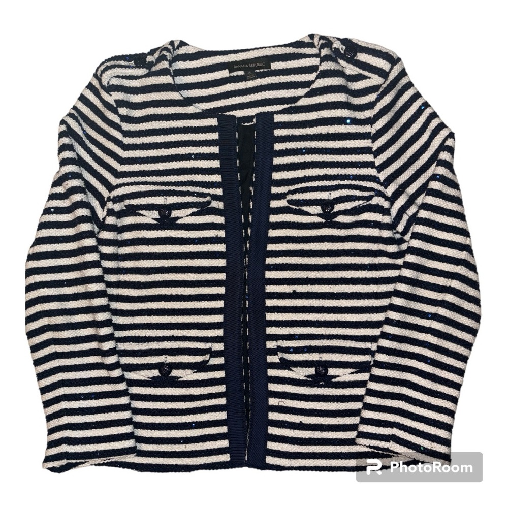 Banana Republic Women’s Size 6 Knit Jacket Striped Navy Blue And Cream Sequin‎